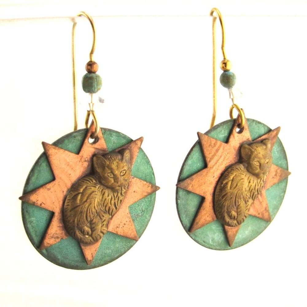 New Forest Star Cat on Copper Ovals with Bead Dangle Earrings Boho Witchcore